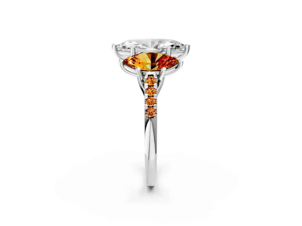 Three-Stone Marquise Cut Diamond Ring with Round Citrine Pavé Band and Prong Setting Silver
