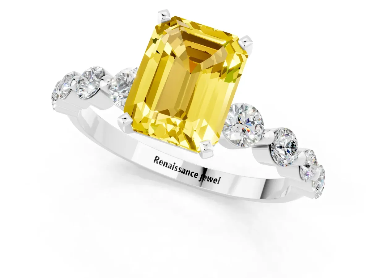 Emerald Cut Solitaire Yellow Sapphire Ring with Pave Band and Four-Prong Setting Silver