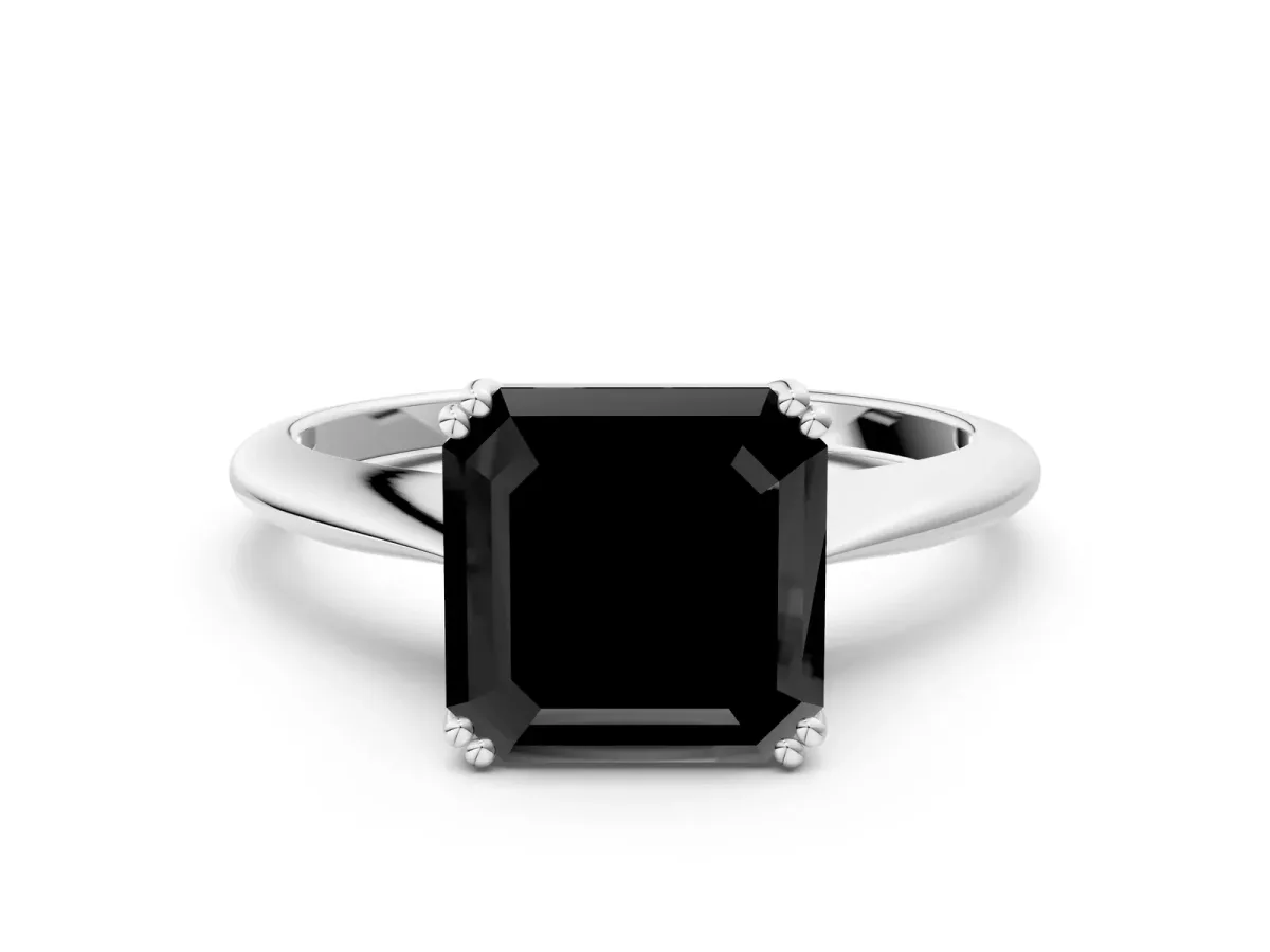 Fancy Black Asscher Cut Solitaire Diamond Ring with Six-Prong Setting and Classic Band Platinum