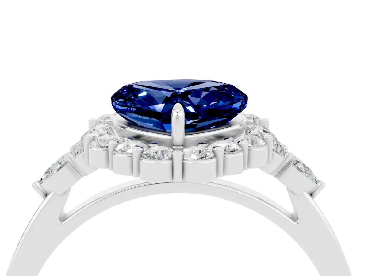 Heart Cut Blue Sapphire Halo Ring with Pear Side Stones and Prong Setting Silver