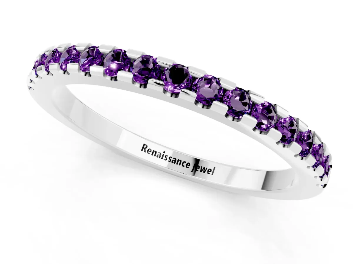 Round Amethyst Pavé Set Eternity Band with Micro Prong Setting Silver