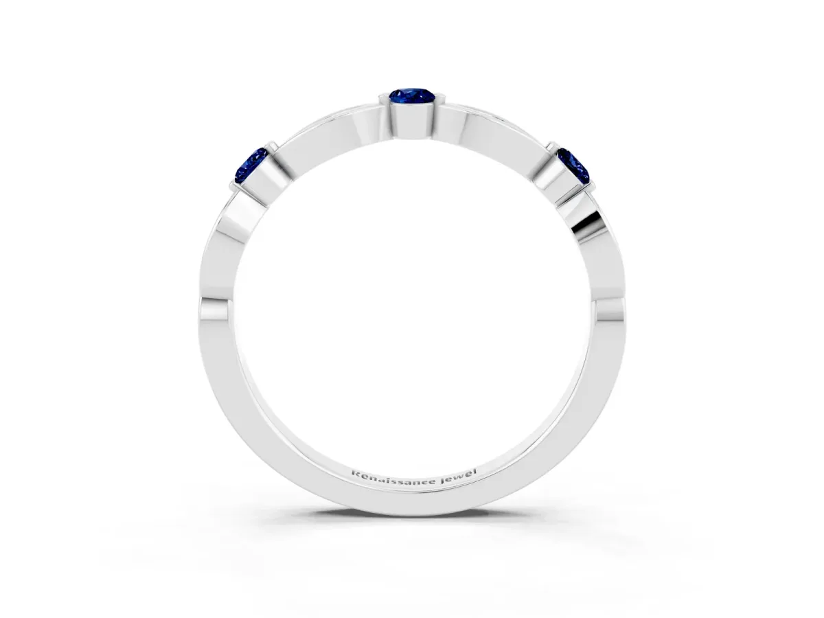 Marquise and Round Blue Sapphire Milgrain Band with Bezel Setting Silver