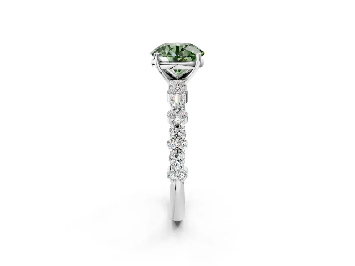 Fancy Green Round Cut Diamond Side Stone Solitaire Ring with Round and Four-Prong Setting Platinum