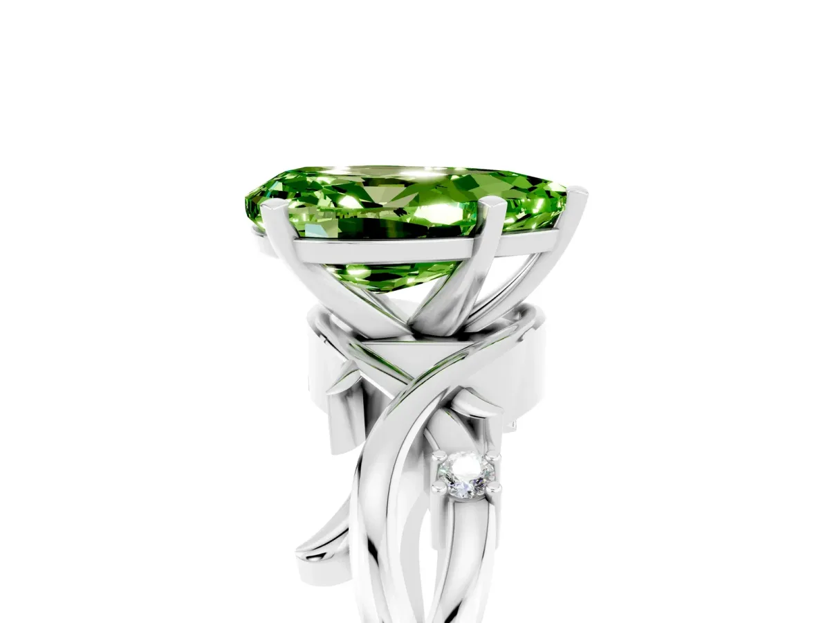 Pear Cut Peridot Solitaire Ring with Twisted Band and Prong Setting Platinum