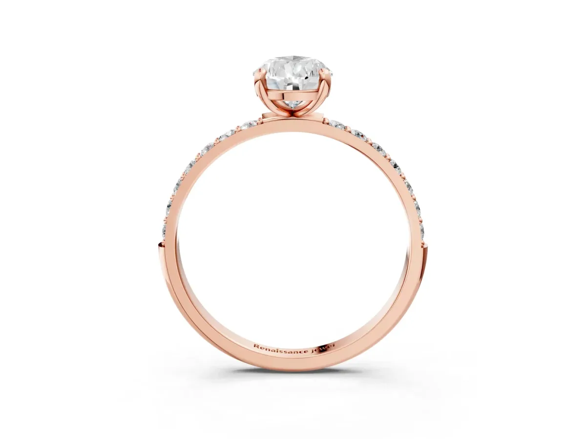 Pear Cut Diamond Solitaire Ring with Round Pavé Band and Prong Setting Rose gold