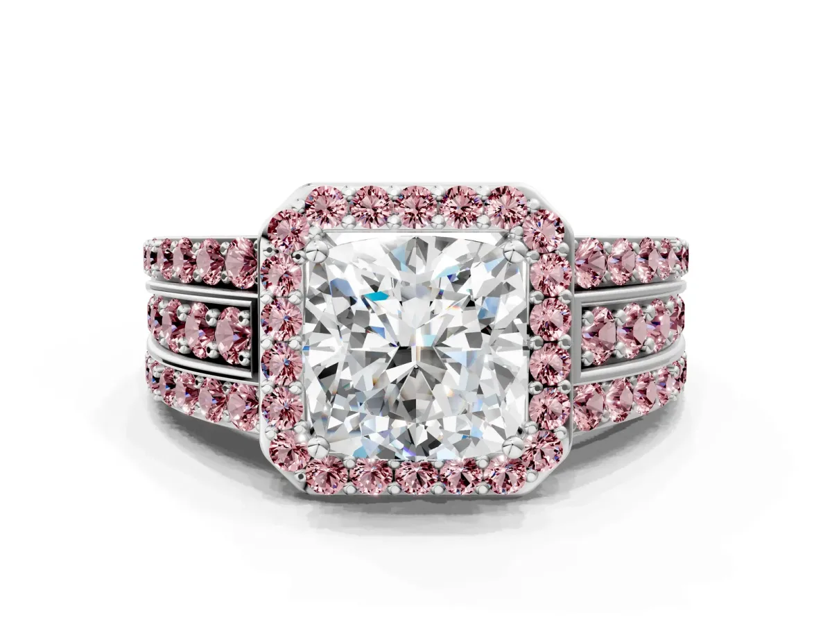 Cushion Cut Halo Diamond Ring with Round Morganite Split Shank and Prong Setting Silver