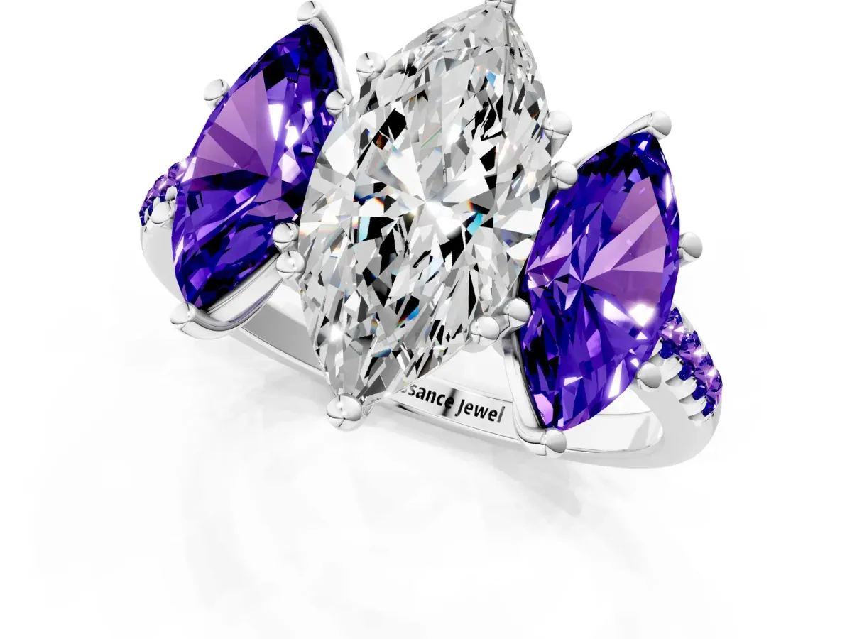 Three-Stone Marquise Cut Diamond Ring with Round Tanzanite Pavé Band and Prong Setting Silver