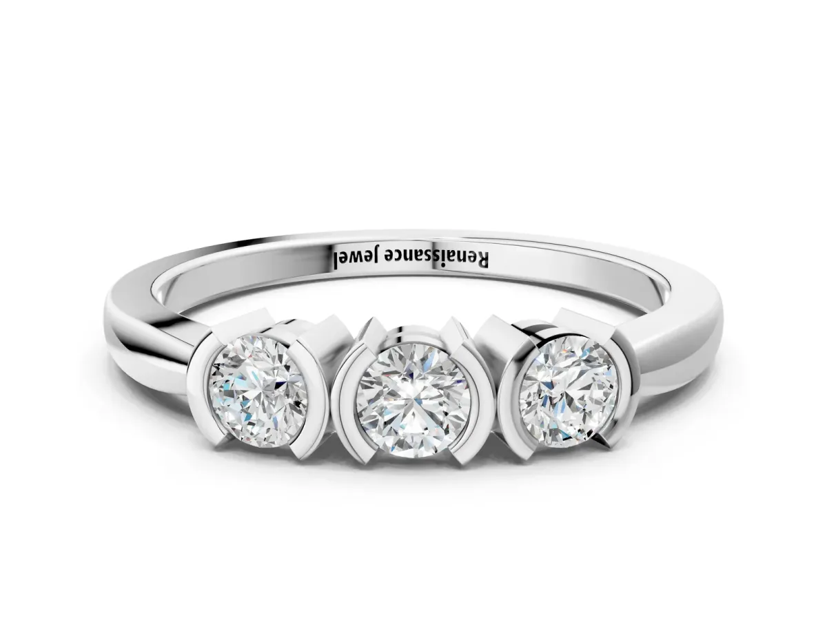 Three-Stone Round Diamond Half Bezel Prong Band Platinum
