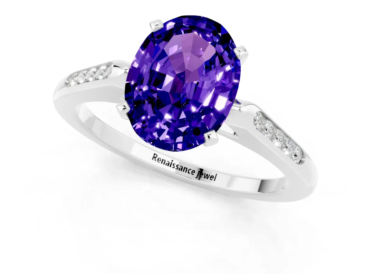 Oval Cut Tanzanite Solitaire Ring with Channel Set Round Band and Prong Setting Silver