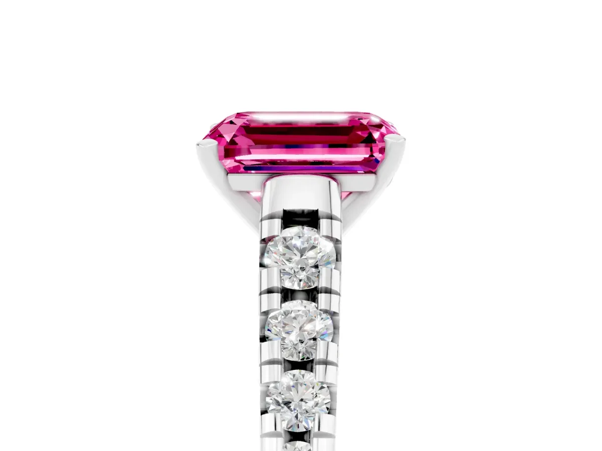 Emerald Cut Pink Sapphire Cathedral Solitaire Ring with Round Pavé Band Silver