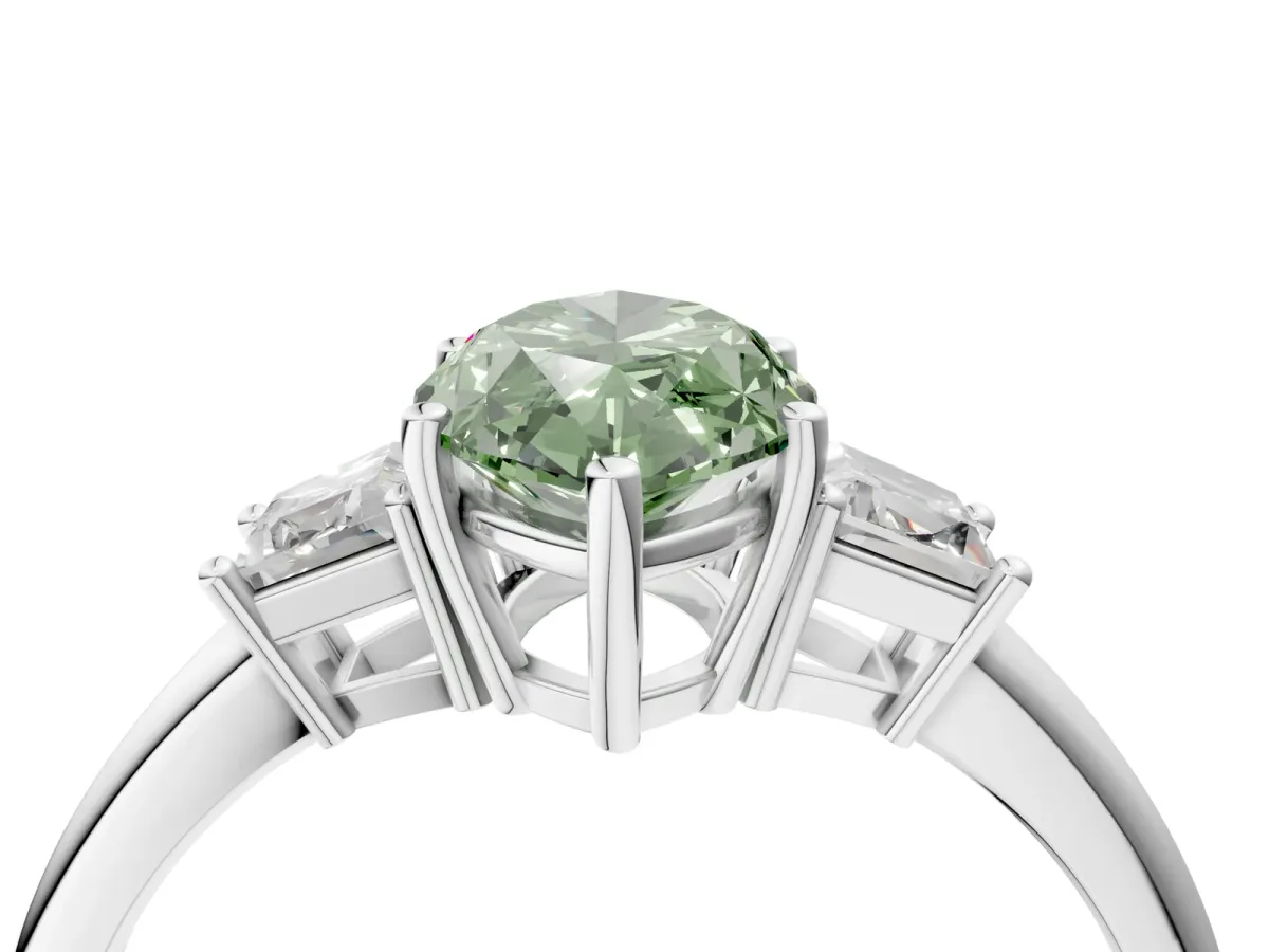 Fancy Green Marquise Cut Diamond Three-Stone Ring with Trapezoid Side Stones and Prong Setting Silver