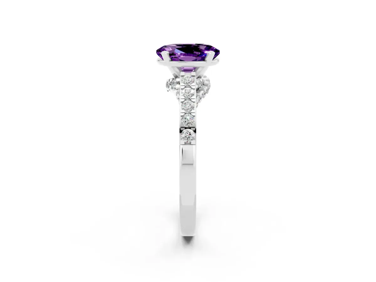Oval Cut Amethyst Solitaire Ring with Crossover Gallery and Round Pavé Band Silver