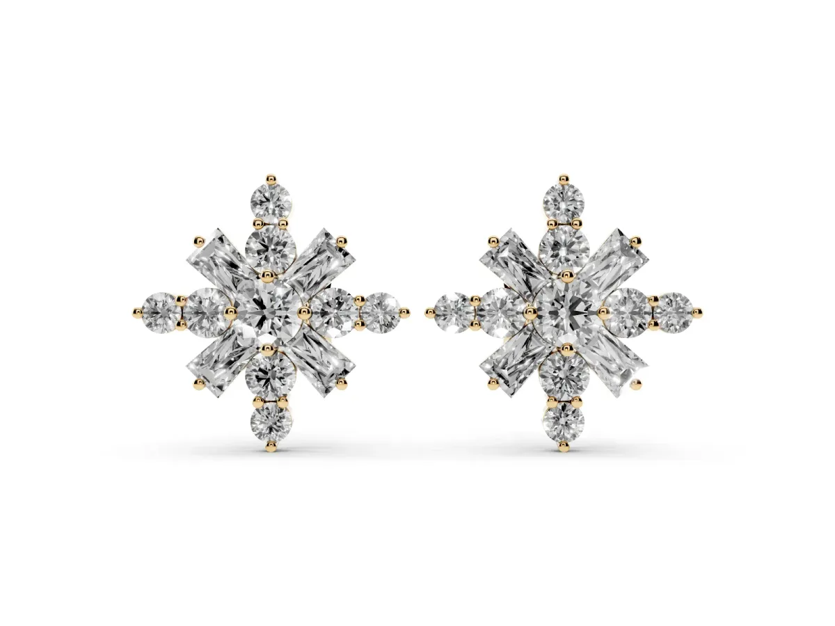 Round Cut Diamond Snowflake Cluster Stud Earrings Yellow gold