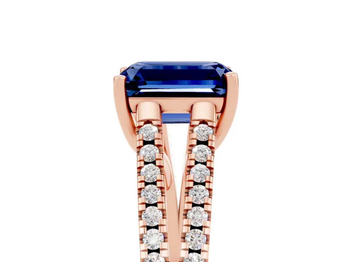Emerald Cut Blue Sapphire Solitaire Engagement Ring with Split Shank Pavé Band Rose gold