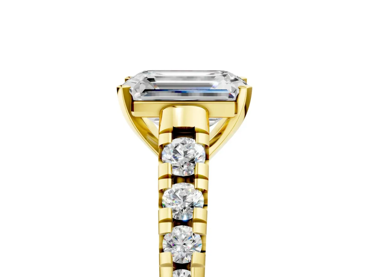 Emerald Cut Diamond Cathedral Solitaire Ring with Round Pavé Band Yellow gold