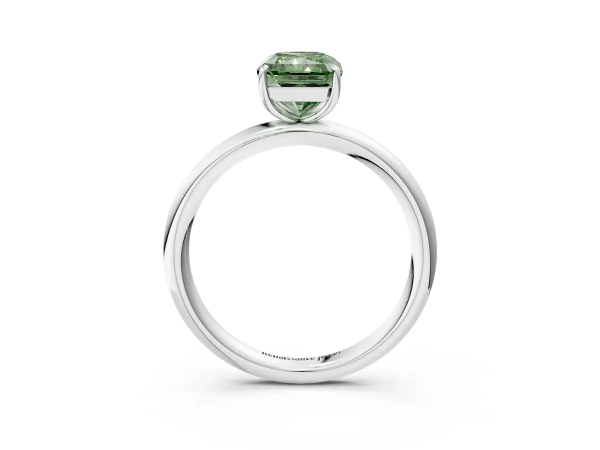 Fancy Green Radiant Cut Solitaire Diamond Ring with Four-Prong Setting on a Plain Band Platinum