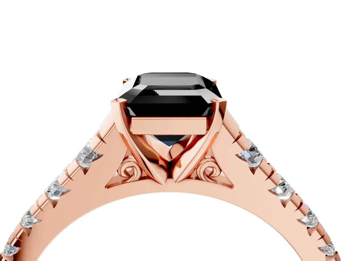 Fancy Black Emerald Cut Diamond Cathedral Solitaire Ring with Round Pavé Band Rose gold