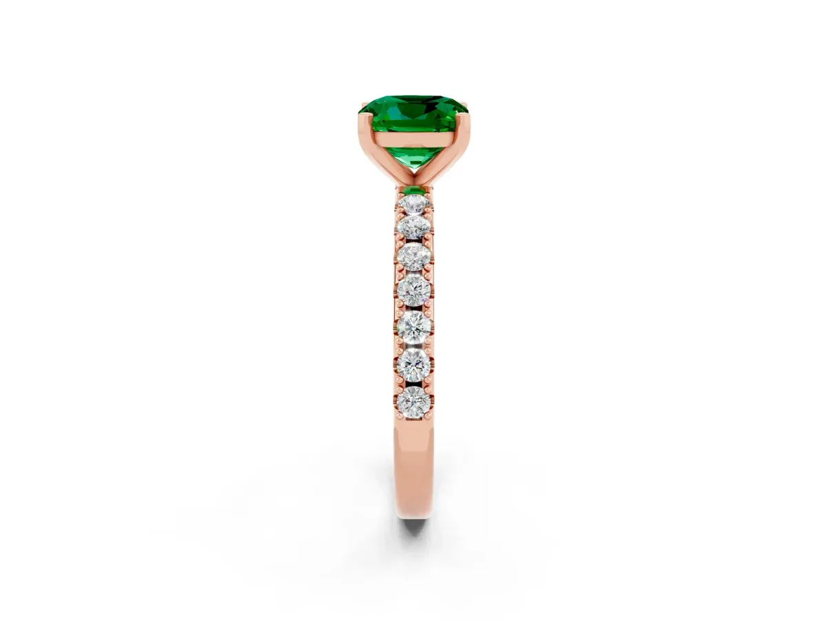 Cushion Cut Emerald Solitaire Pavé Band with Four-Prong Setting Rose gold