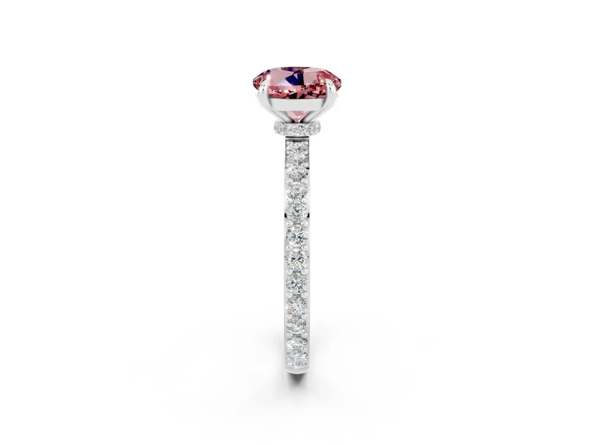 Round Cut Morganite Solitaire Engagement Ring with Pavé Band and Four-Prong Setting Silver
