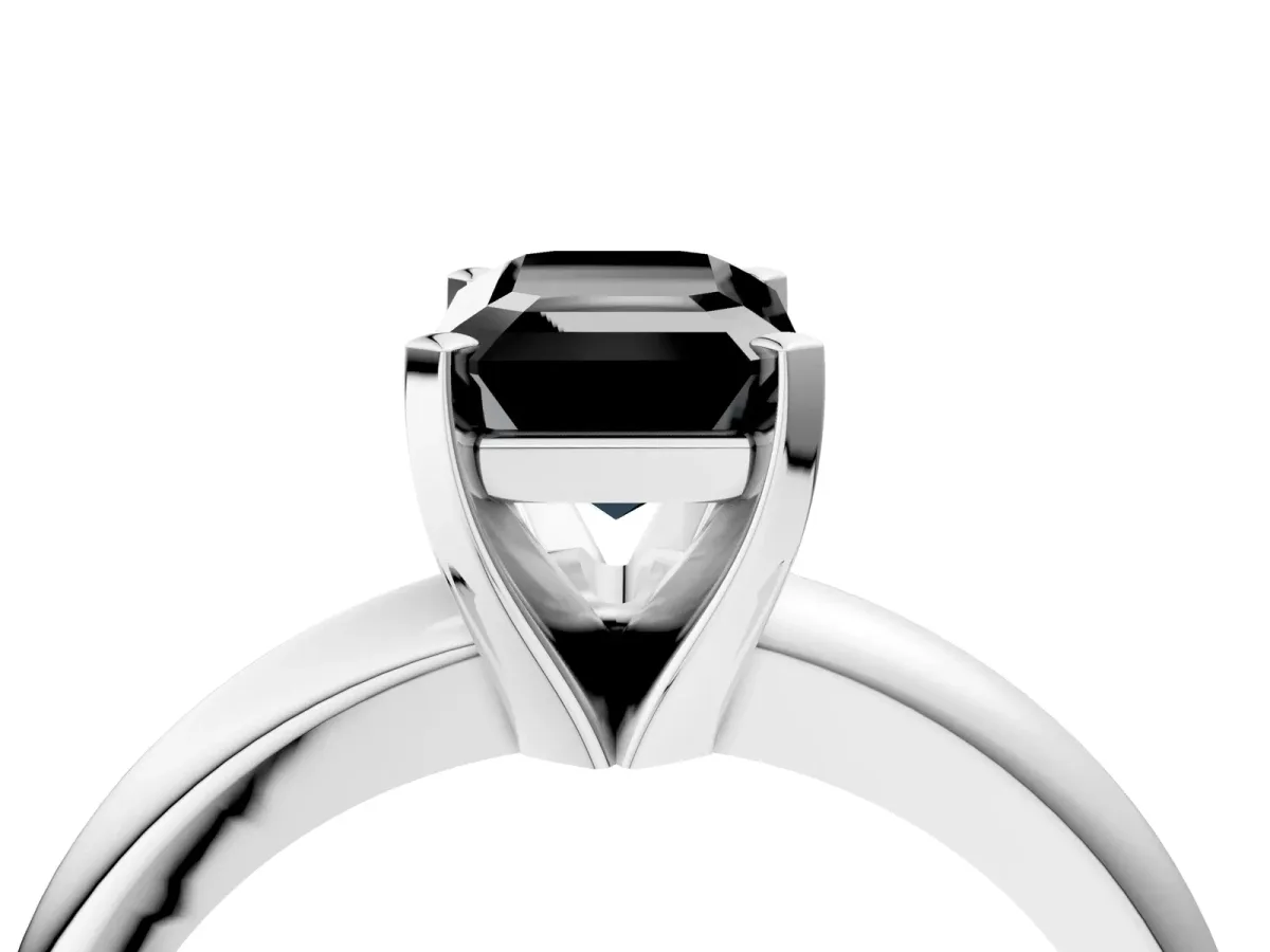Fancy Black Emerald Cut Diamond Solitaire Engagement Ring with Round Band and Four-Prong Setting Silver