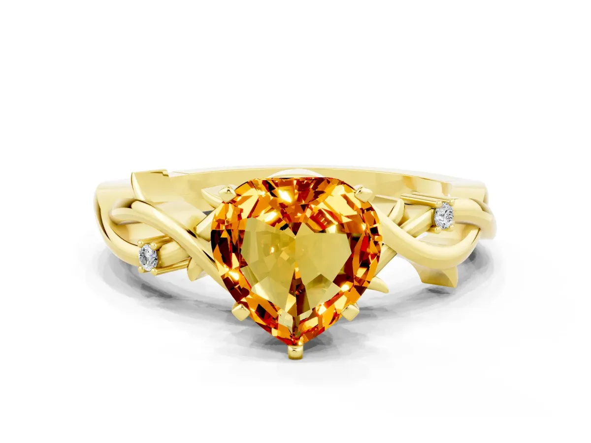 Heart Cut Citrine Solitaire Ring with Twisted Band and Prong Setting Yellow gold