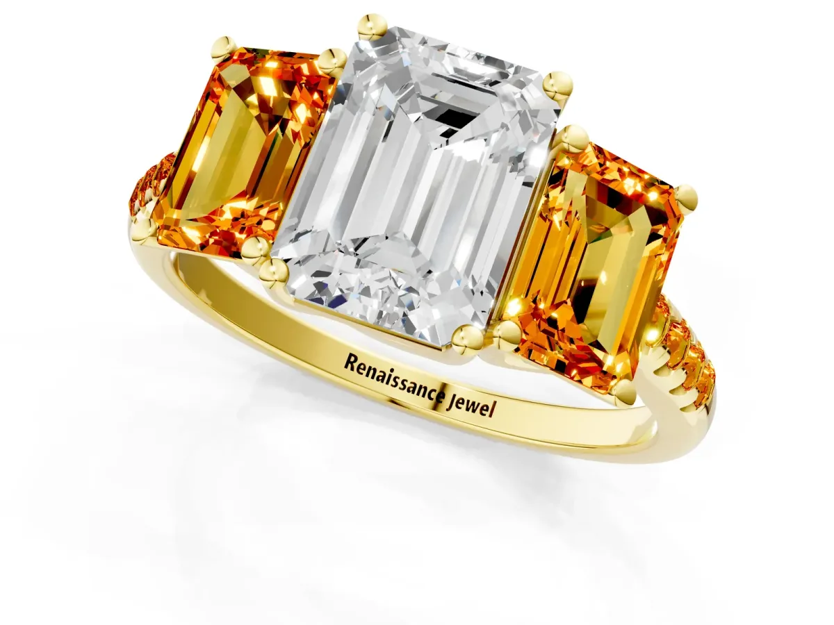 Three-Stone Emerald Cut Diamond Ring with Round Citrine Pavé Band and Prong Setting Yellow gold