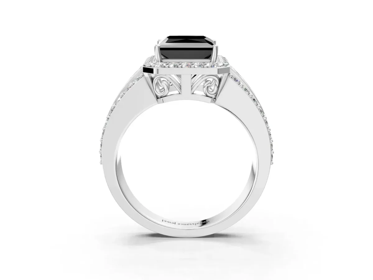 Fancy Black Princess Cut Halo Diamond Ring with Round Split Shank and Prong Setting Silver