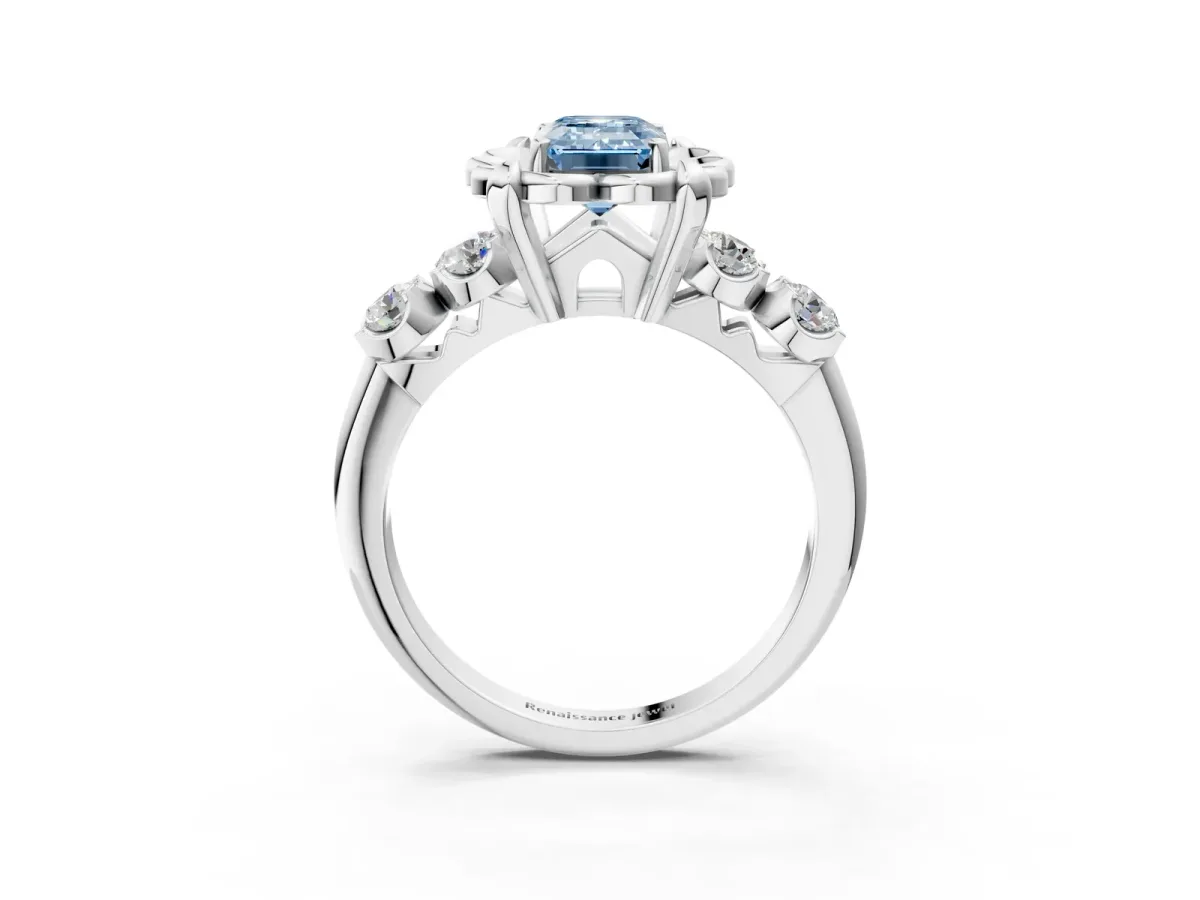 Fancy Blue Emerald Cut Cut Diamond Floral Halo Engagement Ring with Shared Prong Setting Platinum