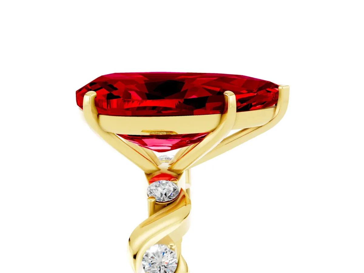 Pear Cut Ruby Solitaire Twisted Band with Round Accents and Prong Setting Yellow gold