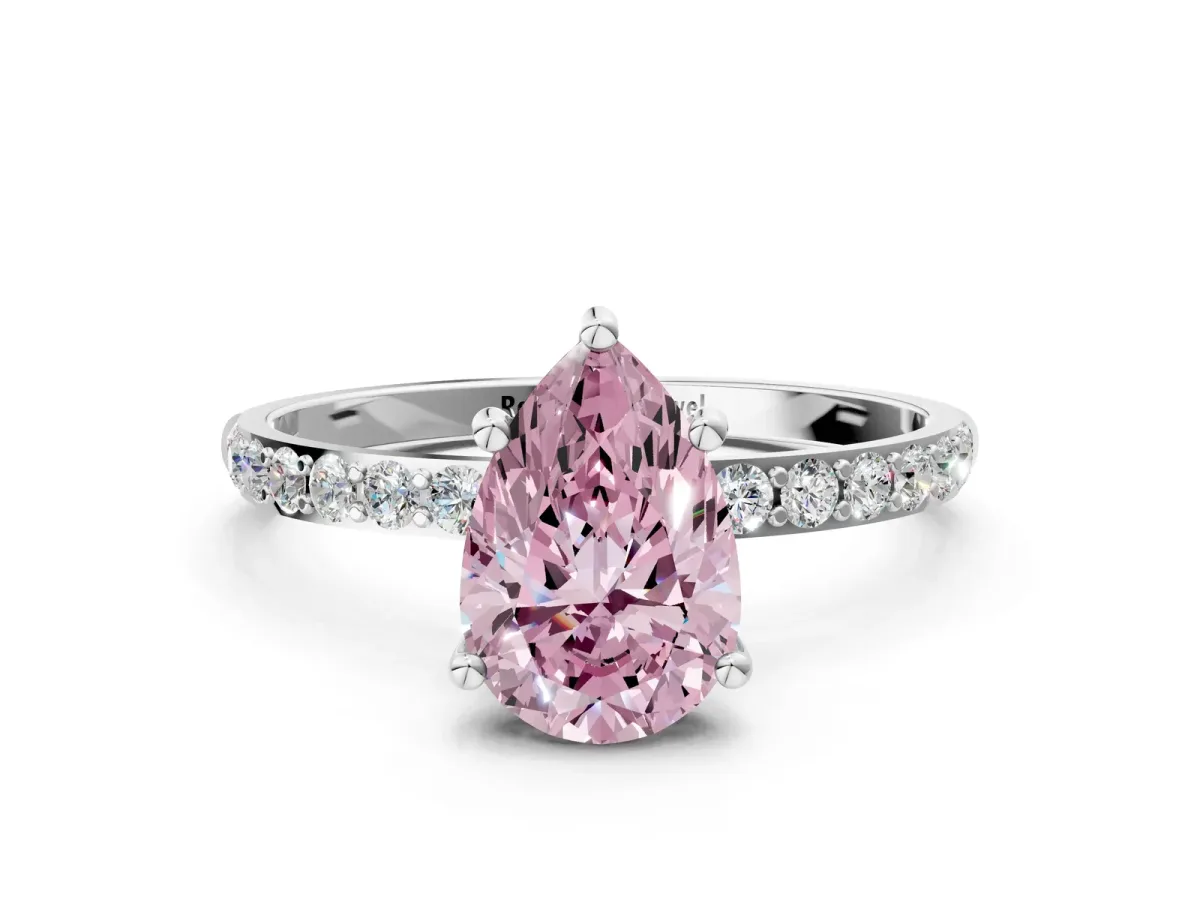 Fancy Pink Pear Cut Diamond Solitaire Ring with Round Pavé Shoulders and Prong Setting White gold