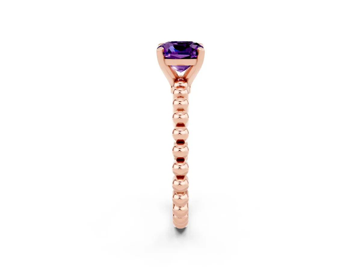 Cushion Cut Amethyst Solitaire Ring with Beaded Band and Prong Setting Rose gold