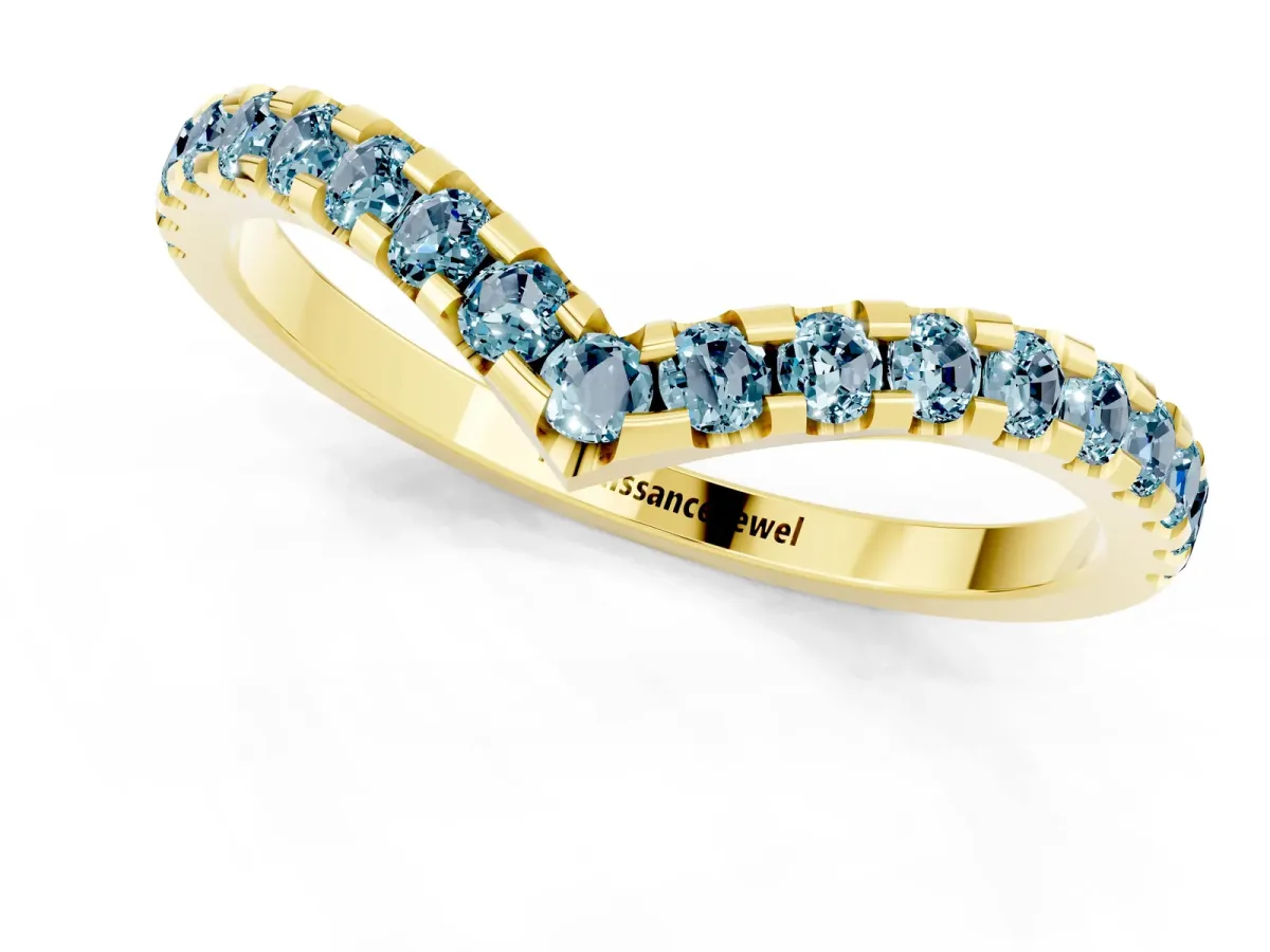 Pavé Round Aquamarine Chevron Band with Shared Prong Setting Yellow gold