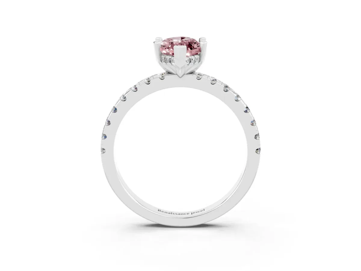 Marquise Cut Morganite Solitaire Ring with Round Pavé Band and Four-Prong Setting Silver
