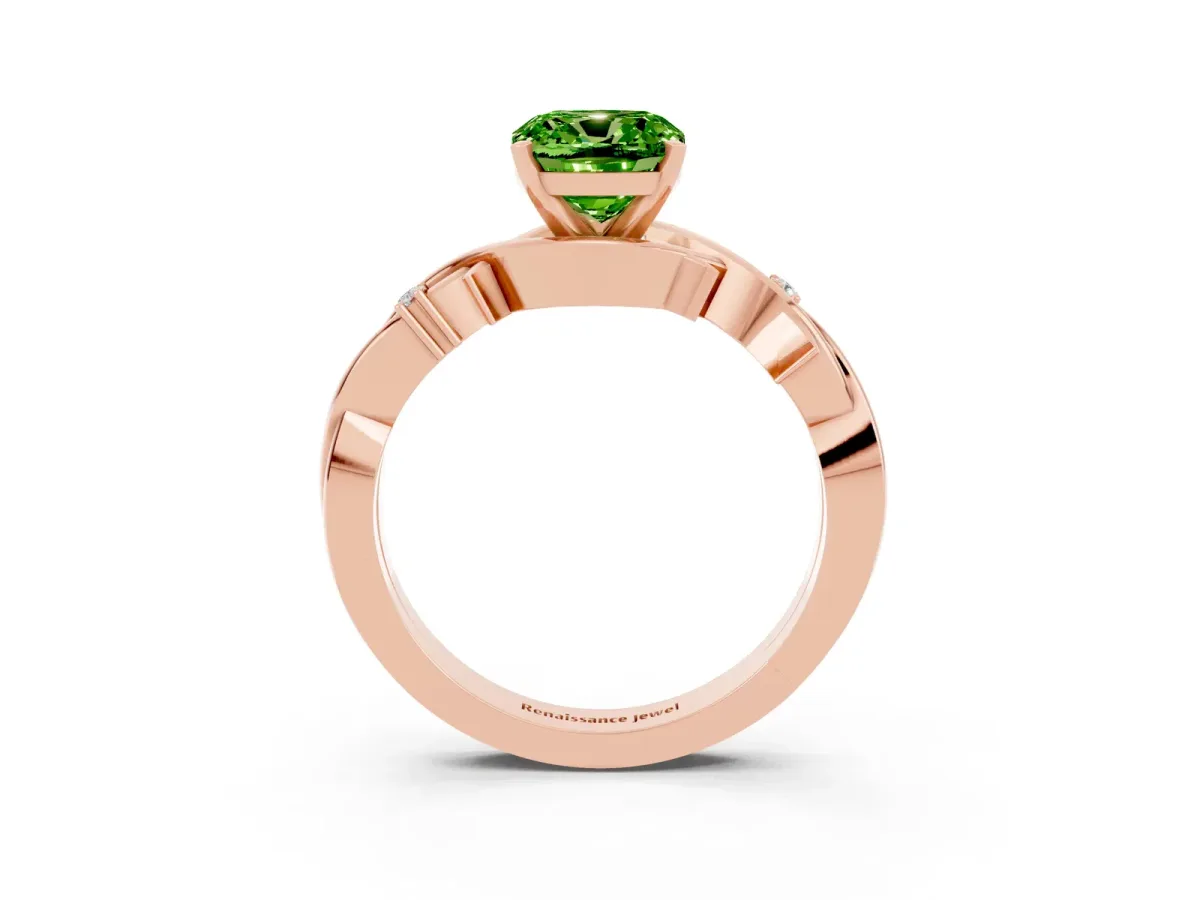 Cushion Cut Peridot Solitaire Ring with Twisted Band and Prong Setting Rose gold