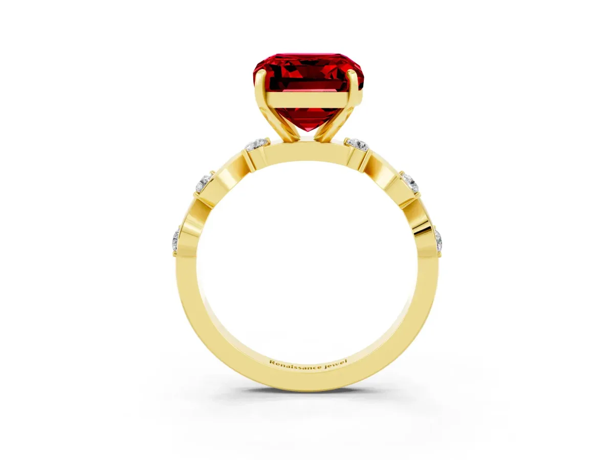 Emerald Cut Ruby Solitaire Twisted Band with Round Accents and Prong Setting Yellow gold