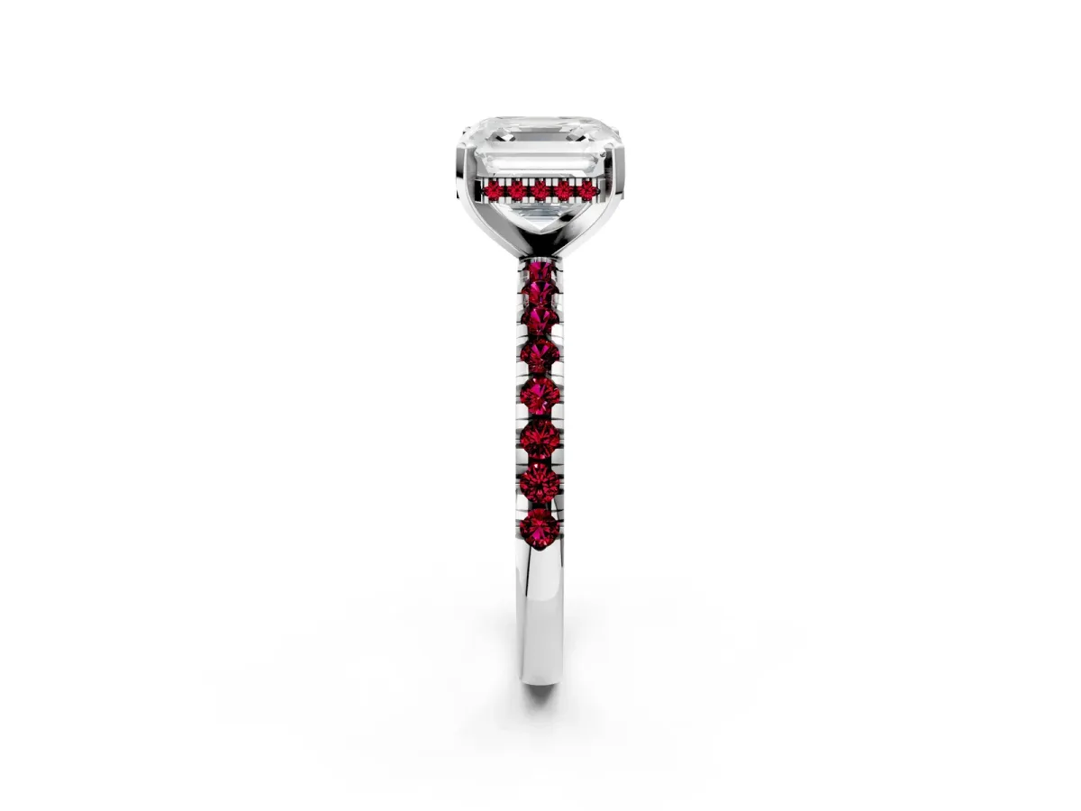 Asscher Cut Diamond Solitaire Ring with Round Garnet Pavé Band and Four-Prong Setting Silver