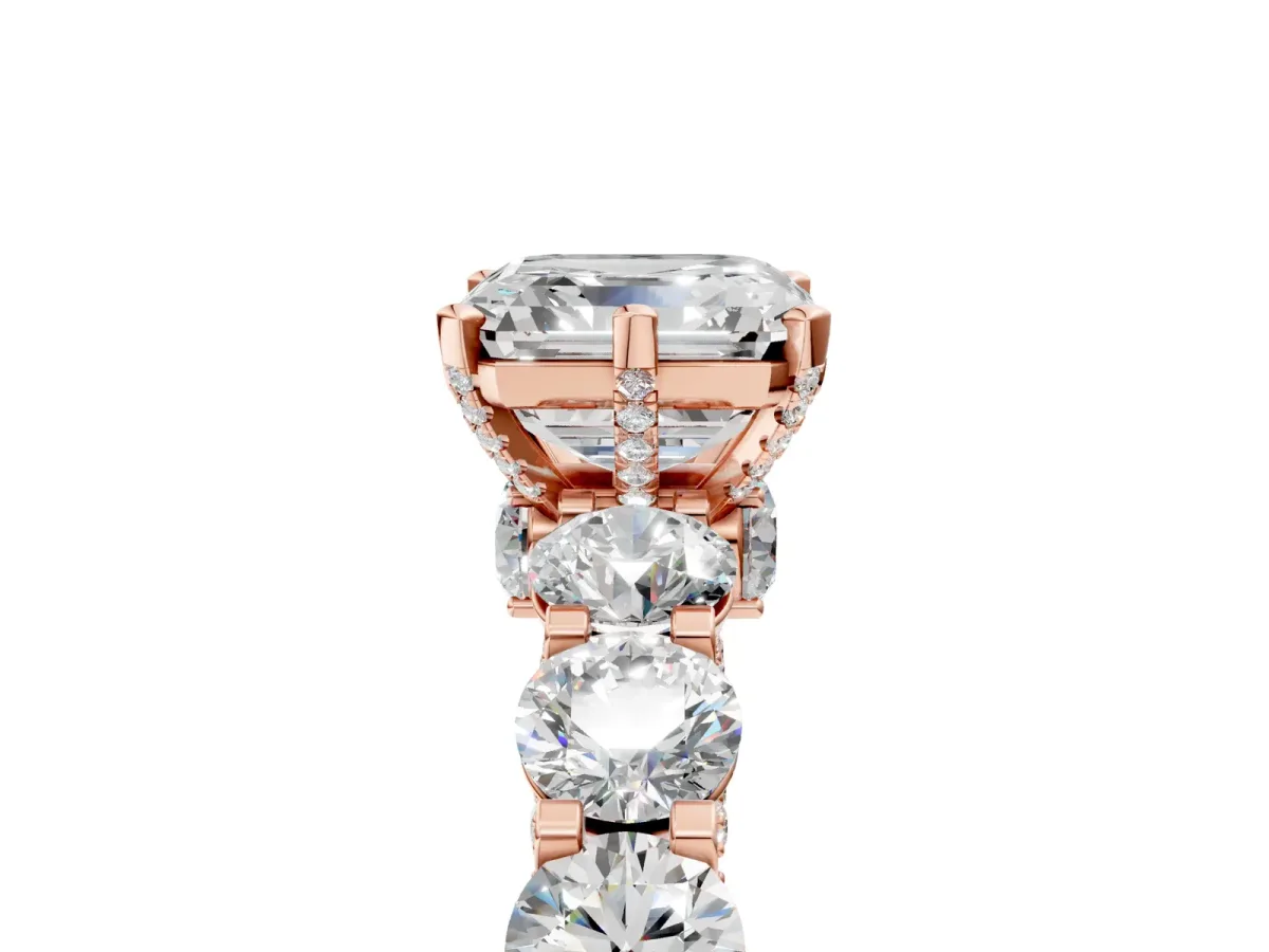 Asscher Cut Diamond Side Stone Engagement Ring with Four-Prong Setting Rose gold