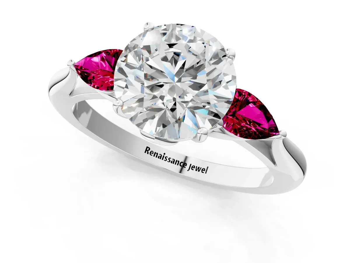 Round Cut Diamond Three-Stone Ring with Pear Garnet Side Stones and Prong Setting Silver