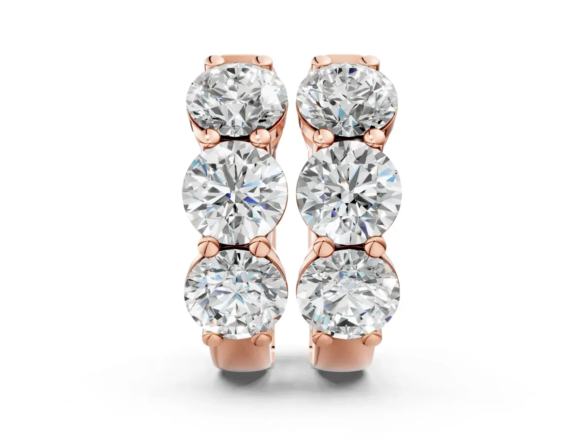 Triple Round Diamond Huggie Earrings with Prong Setting Rose gold