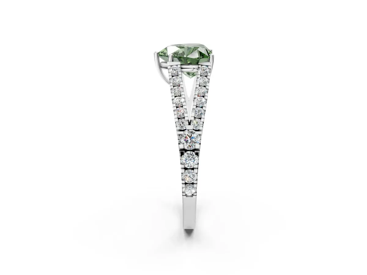Fancy Green Heart Cut Diamond Split Shank Pavé Engagement Ring with Four-Prong Setting White gold