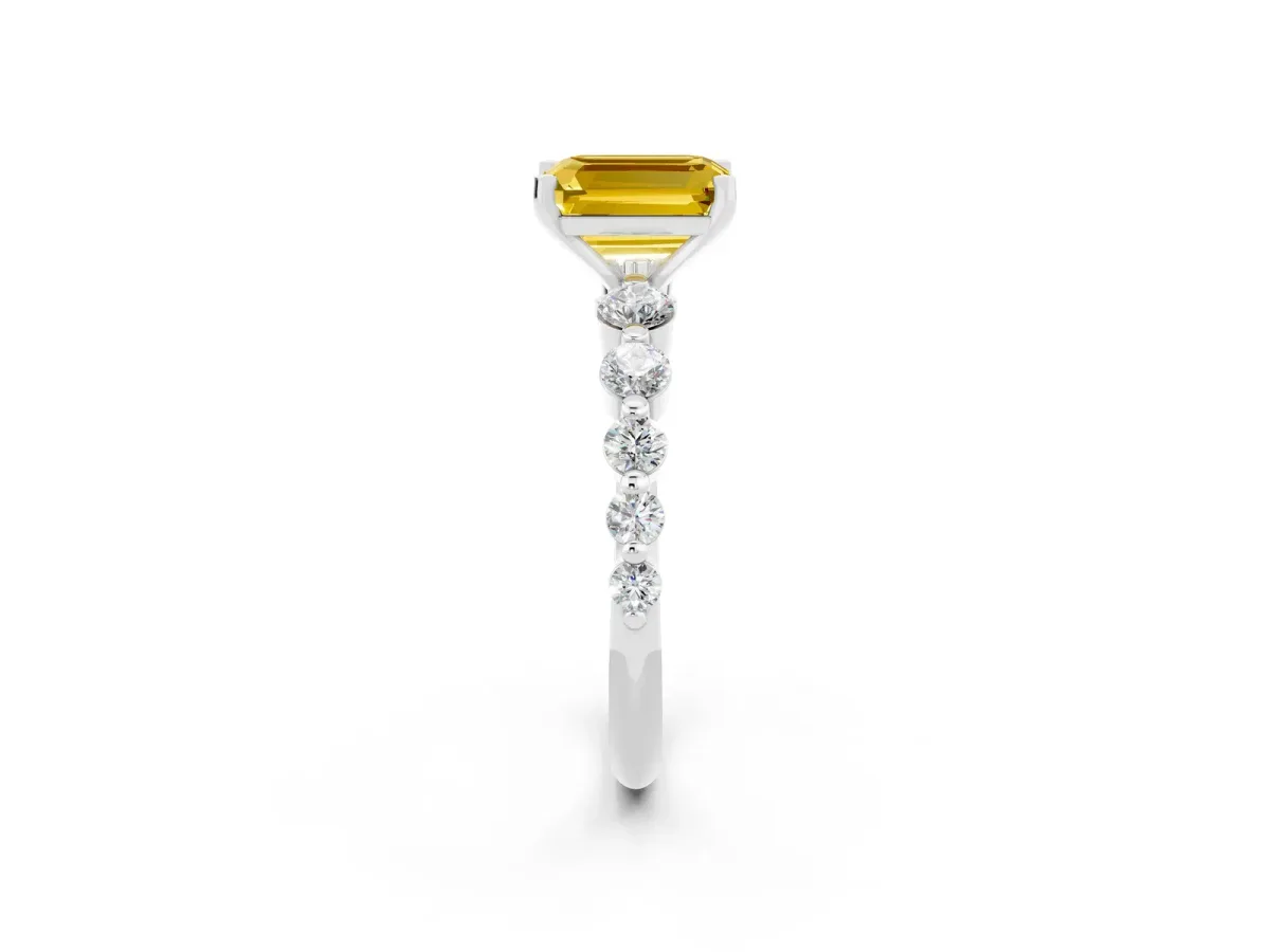 Emerald Cut Solitaire Yellow Sapphire Ring with Pave Band and Four-Prong Setting Silver
