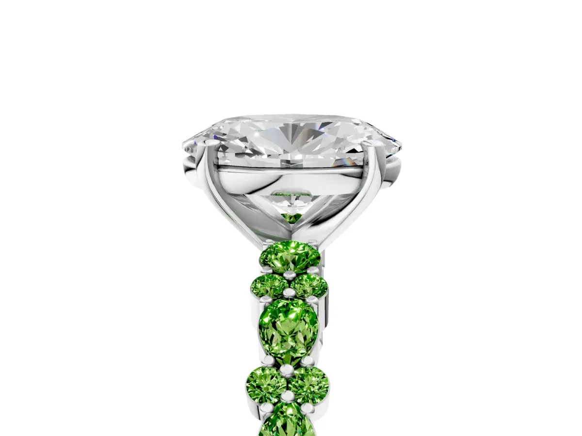 Oval Cut Diamond Side Stone Solitaire Ring with Round Peridot and Four-Prong Setting White gold