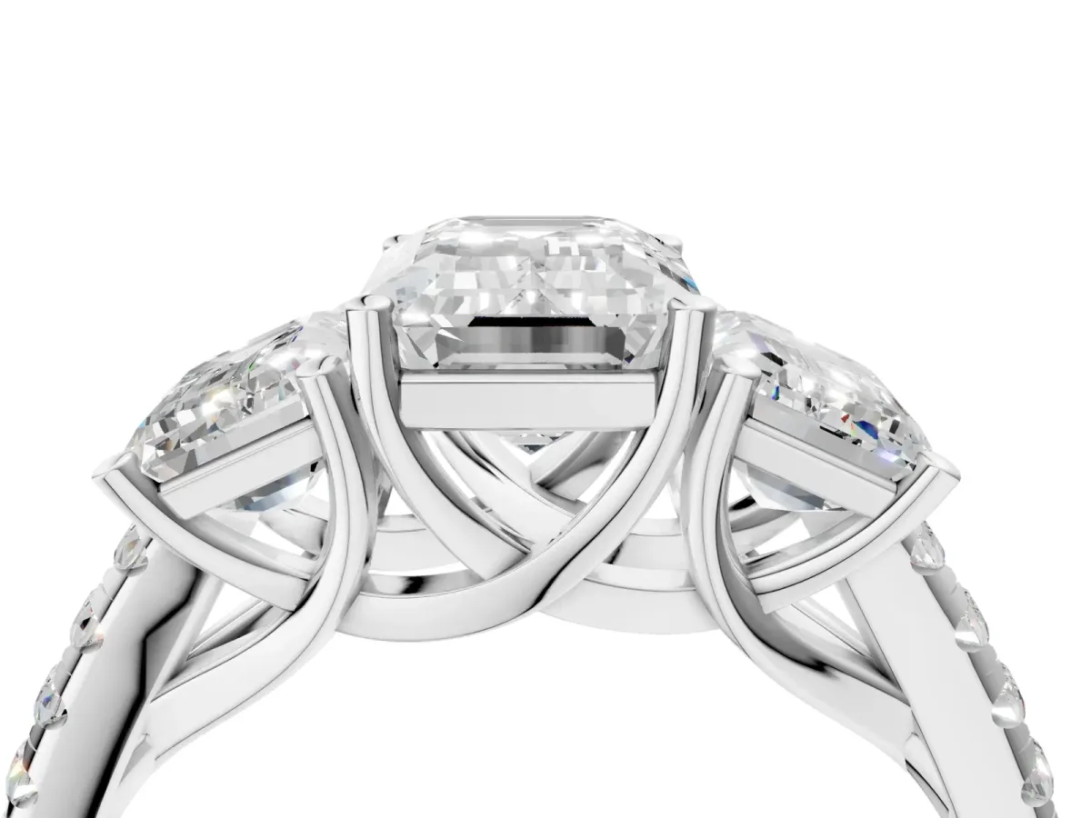 Three-Stone Emerald Cut Diamond Ring with Round Moissanite Pavé Band and Prong Setting Silver
