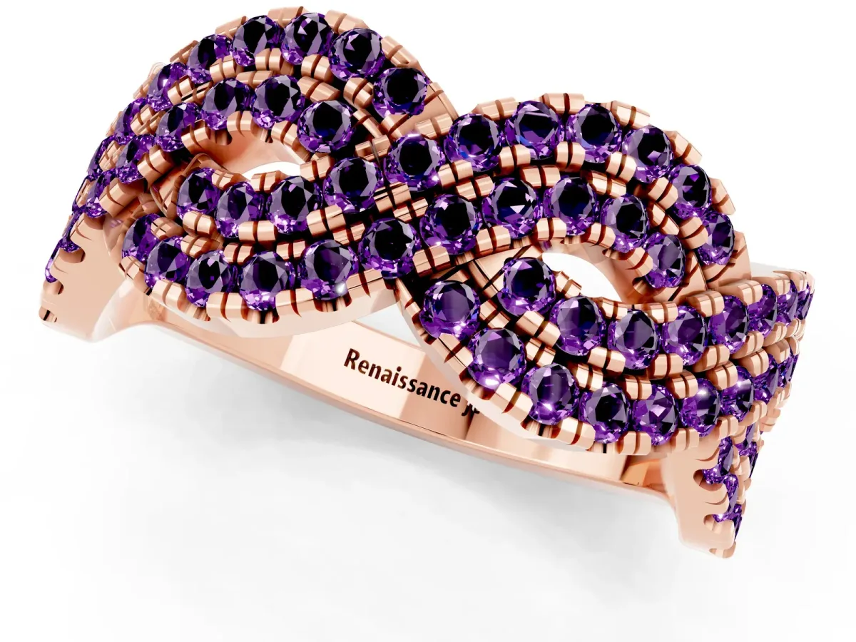Pavé Round Amethyst Infinity Twist Band with Shared Prong Setting Rose gold