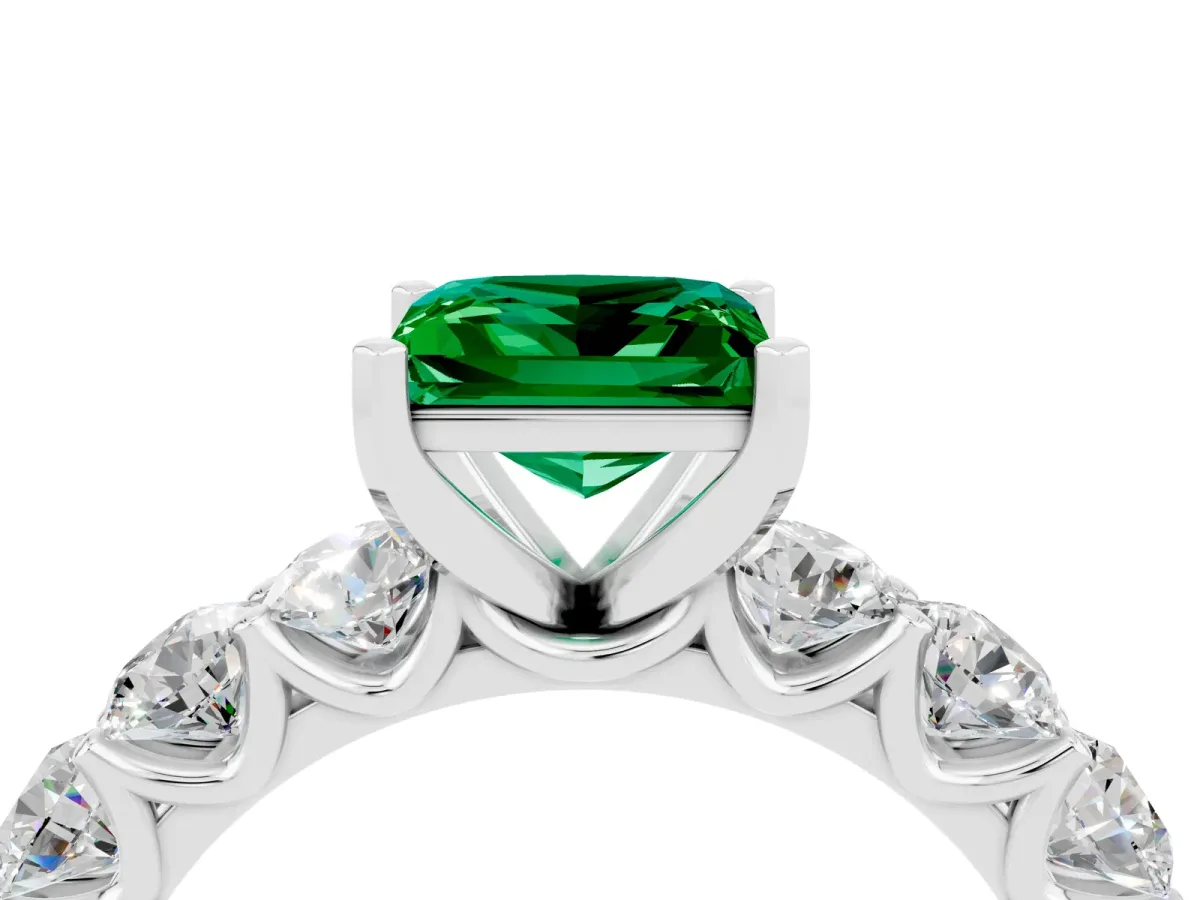 Princess Cut Emerald Prong Setting with Side Stones on a Pave Band Platinum