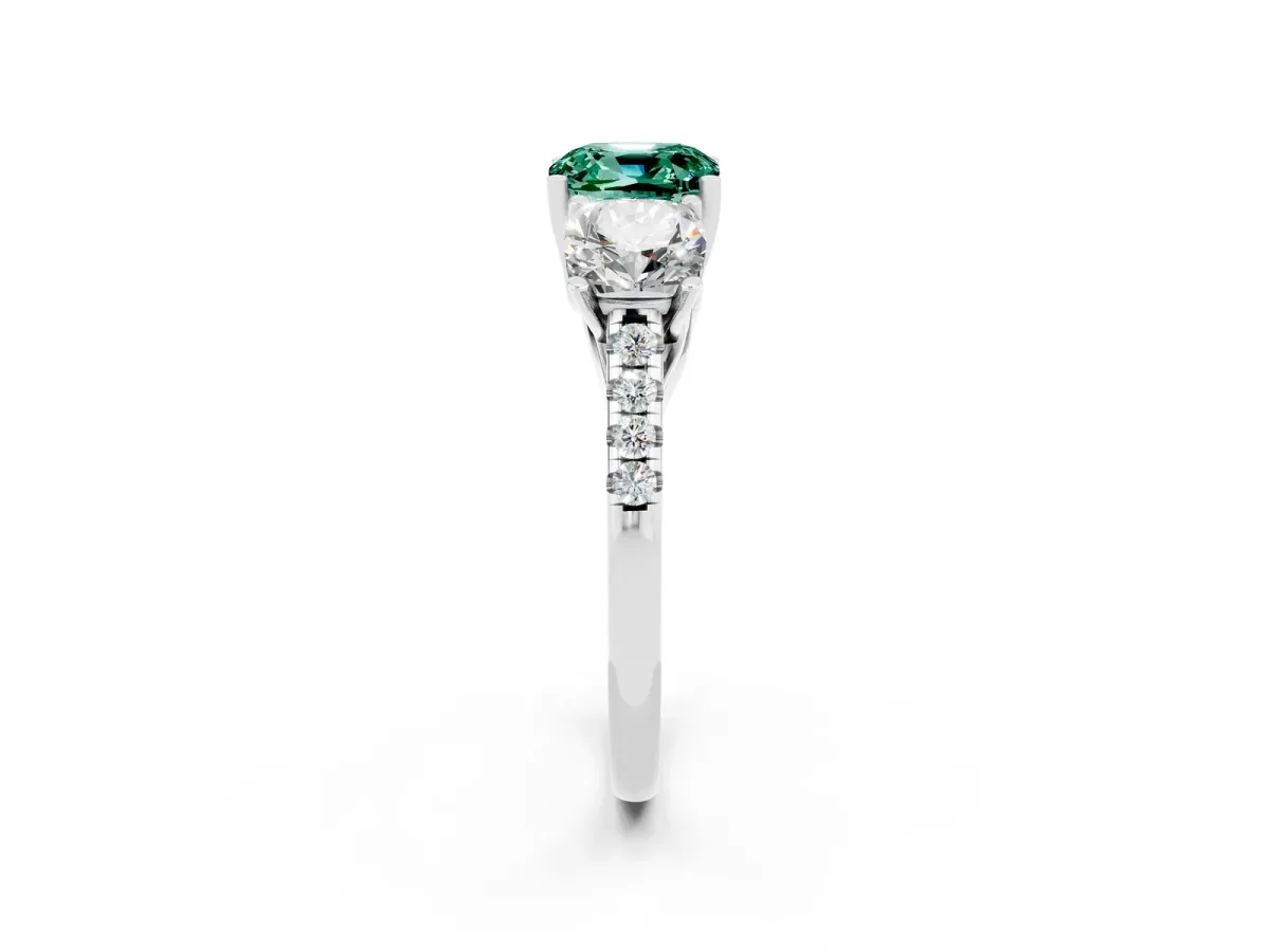 Three-Stone Cushion Cut Green Sapphire Ring with Round Pavé Band and Prong Setting Silver