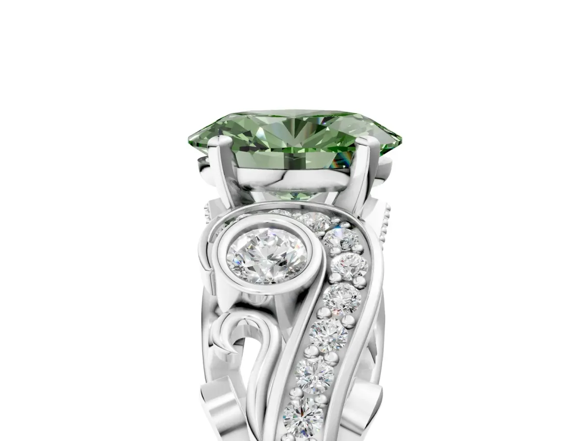 Fancy Green Oval Cut Diamond Solitaire Ring with Milgrain Pavé Band and Four-Prong Setting Silver