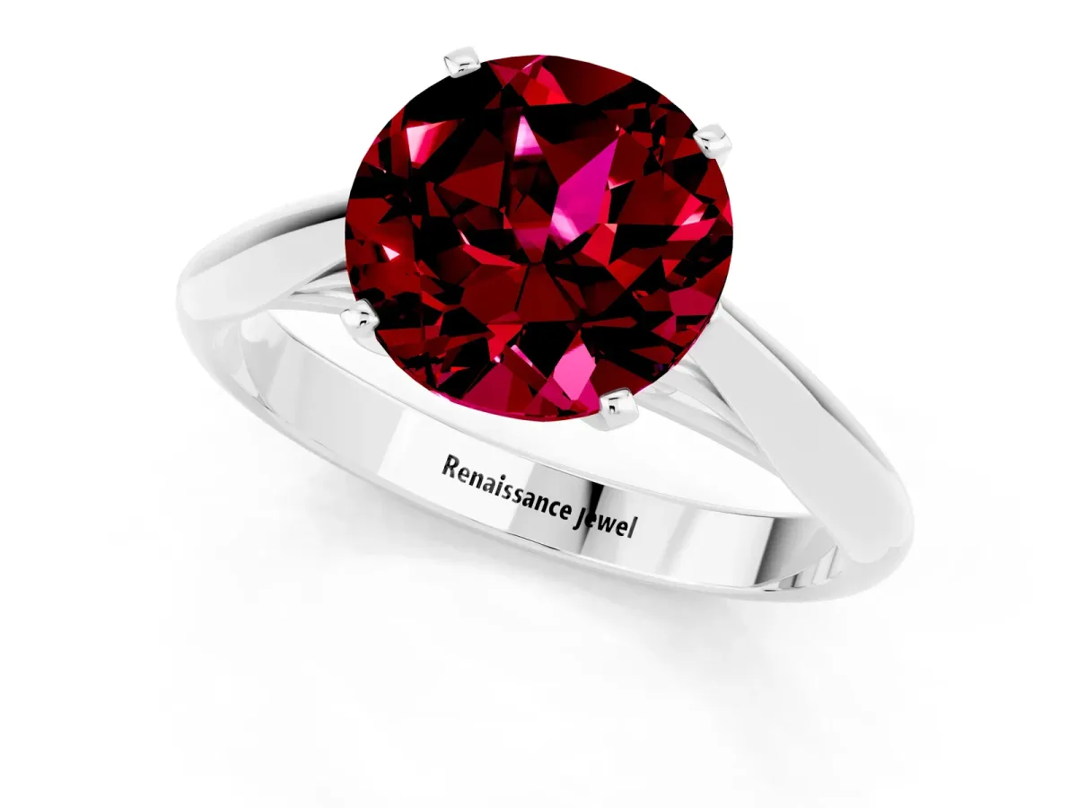 Round Cut Garnet Solitaire Engagement Ring with Cathedral Setting and Four-Prong Mount White gold