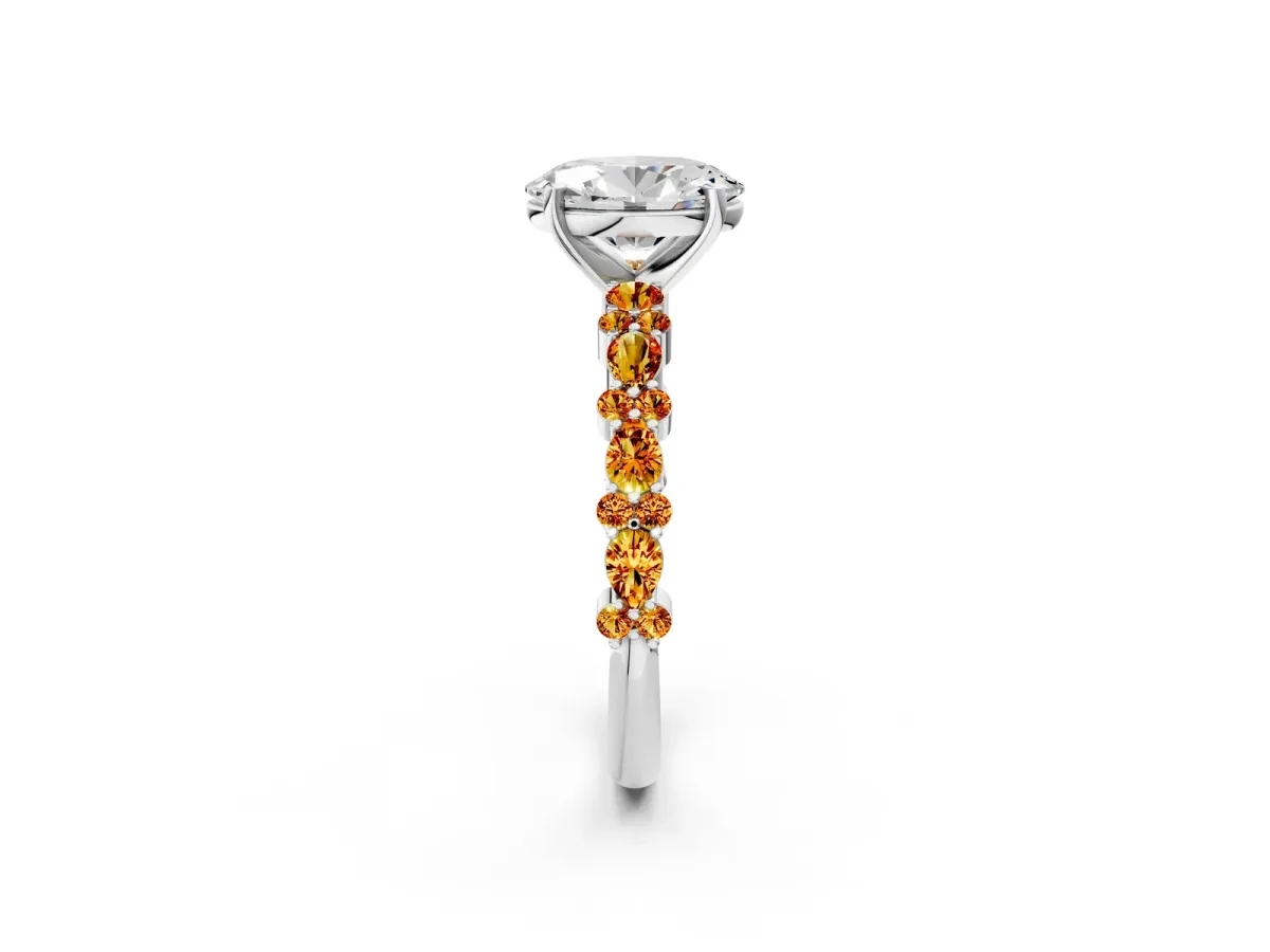 Oval Cut Diamond Side Stone Solitaire Ring with Round Citrine and Four-Prong Setting White gold