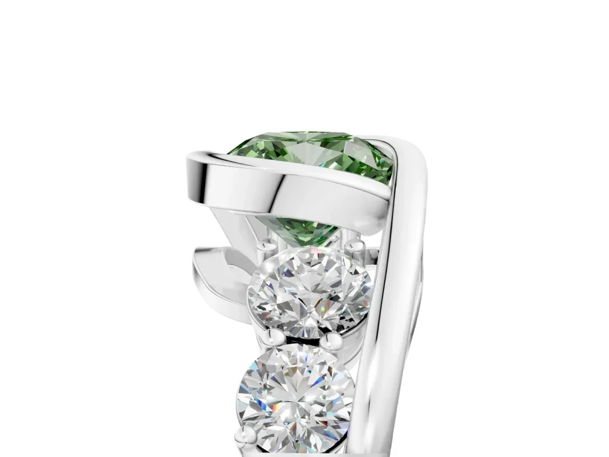 Fancy Green Bezel Set Cushion Cut Diamond Bypass Ring with Round Accents Platinum